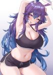  1girl animal_ears armpits arms_up bare_arms bare_shoulders black_shorts blue_eyes blue_hair breasts closed_mouth cotton_noir cottontail_(vtuber) gradient_background gradient_hair hair_tie_in_mouth heterochromia highres indie_virtual_youtuber large_breasts long_hair loo mouth_hold multicolored_hair navel purple_eyes purple_hair rabbit_ears short_shorts shorts simple_background smile solo stomach 