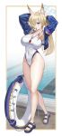  1girl absurdres animal_ear_fluff animal_ears armband arms_behind_head blonde_hair blue_archive blue_eyes blue_halo blue_jacket breasts competition_swimsuit covered_navel dog_ears dog_girl english_commentary extra_ears full_body gzest hair_over_one_eye hair_tie_in_mouth halo highleg highleg_one-piece_swimsuit highres innertube jacket kanna_(blue_archive) kanna_(swimsuit)_(blue_archive) large_breasts long_hair looking_at_viewer mouth_hold notched_ear official_alternate_costume one-piece_swimsuit ponytail poolside purple_armband sandals solo swim_ring swimsuit white_one-piece_swimsuit 