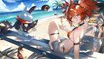  3boys 3girls absurdres alternate_costume alternate_hairstyle animal_ear_hairband animal_ears anton_ivanov arm_strap bangboo_(zenless_zone_zero) beach bear_boy bear_ear_hairband bear_ears belle_(summer_skies)_(zenless_zone_zero) belle_(zenless_zone_zero) ben_bigger bikini bikini_under_clothes bikini_under_shorts black_choker black_hair black_hat blue_hair blue_sky breasts brown_eyes choker commentary derby_(dabidabi) eous_(zenless_zone_zero) eyepatch fake_animal_ears fish_hat grace_howard green_eyes grey_hair grey_shorts grin hairband hat highres jacket koleda_belobog looking_at_viewer multicolored_bikini multicolored_hair multiple_boys multiple_girls no_headwear ocean official_alternate_costume open_clothes open_jacket orange_shorts outdoors palm_tree red_eyes red_hair sand sharp_teeth shirt shorts side-tie_bikini_bottom sitting sky small_breasts smile standing swimsuit teeth thigh_strap tied_shirt towel towel_around_neck tree unworn_hat unworn_headwear waving wise_(peaceful_waves)_(zenless_zone_zero) wise_(zenless_zone_zero) zenless_zone_zero 
