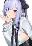  1girl ascot black_bow black_bowtie black_hairband bow bowtie breasts center_frills fang flasso frills from_side hairband hand_up highres light_smile long_hair looking_at_viewer medium_breasts mole mole_under_eye pink_hair pointy_ears purple_ascot red_eyes shrug_(clothing) sideways_glance simple_background solo upper_body vivian_banshee white_background white_shrug zenless_zone_zero 