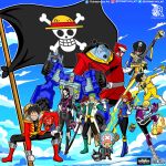  2girls 6+boys afro avataro_sentai_donbrothers black_bodysuit black_hair black_helmet blonde_hair blue_bodysuit blue_helmet blue_skin bodysuit breasts brook_(one_piece) character_request colored_skin company_connection copyright_request crossover denji_sentai_megaranger doubutsu_sentai_zyuohger dual_wielding electricity fangs flaming_leg franky_(one_piece) full_body gekiviolet gokai_red green_bodysuit grey_hair group_picture guitar hair_over_one_eye helmet highres holding holding_guitar holding_instrument holding_staff holding_sword holding_weapon instrument inubrother jacket jinbe_(one_piece) jolly_roger juuken_sentai_gekiranger kaizoku_sentai_gokaiger kikai_sentai_zenkaiger kuwaga_raiger large_breasts long_hair mega_yellow multiple_boys multiple_girls nico_robin ninpuu_sentai_hurricanger one_piece orange_hair purple_bodysuit purple_helmet red_bodysuit red_helmet red_jacket roheemura_art roronoa_zoro samurai_sentai_shinkenger sanji_(one_piece) sharp_teeth shinken_green shuriken_sentai_ninninger staff starninger super_sentai sword teeth tokusatsu tony_tony_chopper unworn_headwear unworn_helmet usopp weapon zenkai_vroon zyuoh_whale 