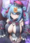  +_+ 1girl absurdres astral_party backlighting blue_hair braid braided_hair_rings breast_curtains breasts cleavage commentary covered_navel criss-cross_strings cross-shaped_pupils detached_sleeves double_bun fish_skeleton_hair_ornament frilled_sleeves frills glint haiqing_(astral_party) hair_between_eyes hair_bun hair_ornament hair_rings hands_up highres hitodama indoors jiangshi_costume large_breasts light_particles long_hair long_sleeves looking_ahead official_alternate_costume ofuda ofuda_on_head open_mouth pelvic_curtain pink_hair sideboob silver_trim single_sleeve_past_fingers single_sleeve_past_wrist solo standing star_(symbol) symbol-shaped_pupils tassel tassel_hair_ornament thighs tile_floor tiles underboob wide_sleeves window yukki_(uuws4345) 