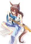  1girl absurdres animal_ears bare_arms bare_shoulders barefoot beanie black_shirt blue_pants brown_hair camisole crop_top ears_through_headwear foot_out_of_frame grey_hat guitar gul_(parfaitgul) hair_between_eyes hat highres holding holding_guitar holding_instrument holding_plectrum horse_ears horse_girl horse_tail instrument long_hair nakayama_festa_(umamusume) pants plectrum red_eyes shadow sheet_music shirt sitting solo sweat tail tank_top umamusume white_shirt 