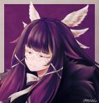  1girl blunt_bangs border bow bowtie closed_eyes columbina_(genshin_impact) commentary genshin_impact grey_border long_hair neruru outside_border purple_background purple_hair smile solo upper_body white_bow white_bowtie 