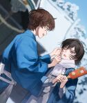  2boys black_hair blue_robe blurry blurry_background brown_hair code_geass drawn_whiskers furrowed_brow hagoita hair_between_eyes hand_on_another's_cheek hand_on_another's_face highres holding holding_brush holding_paddle japanese_clothes kururugi_suzaku lelouch_vi_britannia male_focus multiple_boys one_eye_closed open_mouth paddle robe scarf short_hair smile upper_body white_scarf winter yorusl 