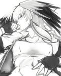  1girl abs bangs blush breasts closed_mouth collarbone collared_shirt eyebrows_visible_through_hair fingerless_gloves furrowed_eyebrows gloves greyscale hand_on_own_stomach hand_to_own_mouth hand_up highres kemono_friends long_hair looking_at_viewer lying medium_breasts monochrome multicolored_hair navel on_back open_clothes open_shirt shibori_kasu shirt shoebill_(kemono_friends) short_sleeves sidelocks sketch solo sports_bra stomach toned upper_body 