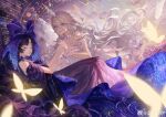 2girls absurdres ad_lunam_(shining_nikki) bare_shoulders black_hair bow bracelet bug butterfly chinese_commentary circlet closed_eyes closed_mouth cloud commentary_request crescent crescent_hair_ornament dress floating_clothes floating_hair forehead_jewel full_body godfall_omens_(shining_nikki) gown gradient_hair grey_hair hair_between_eyes hair_bow hair_ornament highres holding_hands horns jewelry large_bow light_particles lipstick long_dress long_hair long_hair_between_eyes makeup mo_le_ge_yi moon_phases multicolored_hair multiple_girls necklace nikki_(series) off-shoulder_dress off_shoulder parted_bangs purple_bow purple_dress purple_hair purple_lips shining_nikki short_sleeves single_horn space strapless strapless_dress two-tone_hair unicorn_horn very_long_hair watermark wavy_hair weibo_watermark white_dress white_horns 