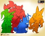 anthro axe bottomwear canid canine clothed clothing dahecksajerry felid fingers footwear fox fur group hat headgear headwear hi_res holding_axe holding_object loincloth mammal pantherine pants robe smile stripes tiger topwear walking wizard_hat wizard_robe