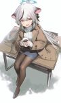  1girl absurdres alternate_costume animal_ears black_hair black_nails black_pantyhose black_shoes black_streaks blue_archive blue_halo blue_skirt blush brown_coat brown_eyes coat coffee coffee_mug commentary cup desk drive_shot fingernails full_body gradient_hair grey_hair hair_between_eyes halo high_heels highres holding holding_cup kokona_(blue_archive) long_hair long_sleeves looking_at_viewer mug multicolored_hair nail_polish on_desk open_clothes open_coat open_mouth pantyhose pencil_skirt shoes simple_background sitting skirt smile solo sweater tiger_ears tiger_girl turtleneck turtleneck_sweater white_background white_sweater 