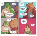 ^_^ absurd_res anthro blush brown_body capybara caviid clothing comic crocodile crocodilian dialogue duo english_text eyes_closed four_frame_image front_view green_body hand_on_neck hi_res holding_bag inviting jacket looking_away male mammal multiple_scenes nervous page_number patreon reptile rodent scalie smile speech_bubble sweater tail tail_motion tailwag tang_(wolfanine) text tooth_(wolfanine) topwear url wolfanine