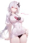 1girl absurdres black_flower black_panties blush bracelet breasts earrings evernight_(honkai:_star_rail) flower hair_between_eyes highres honkai:_star_rail honkai_(series) jewelry large_breasts lingerie long_hair looking_at_viewer march_7th_(honkai:_star_rail) mashiro_www nail_polish no_bra official_alternate_eye_color panties panty_pull print_shirt red_eyes red_nails shirt short_sleeves simple_background single_earring solo standing t-shirt thighs underwear very_long_hair white_background white_hair white_shirt 