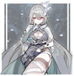  1girl absurdres asymmetrical_clothes black_gloves black_jacket black_pants breasts bridal_gauntlets cleavage cleavage_cutout closed_mouth clothing_cutout commentary earrings error1980 gloves grey_hair grey_thighhighs hair_between_eyes hair_ornament half_gloves hand_up highres honkai_(series) honkai_impact_3rd jacket jewelry large_breasts long_hair looking_at_viewer pants red_eyes shrug_(clothing) single_bridal_gauntlet single_half_glove single_pantsleg single_thighhigh smile solo thighhighs thighs very_long_hair vita_(honkai_impact) vita_(lone_planetfarer)_(honkai_impact) white_shrug 