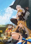  2boys 2girls 2others bangboo_(zenless_zone_zero) belion_(zenless_zone_zero) black_fur black_shorts blonde_hair brown_hair cat chinese_clothes claw_pose english_commentary eous_(zenless_zone_zero) highres ju_fufu looking_at_another looking_at_viewer looking_to_the_side multicolored_fur multiple_boys multiple_girls multiple_others open_mouth orange_cat pan_yinhu round_eyewear shirt shorts smile toffy_narufy white_fur white_hair wok ye_shiyuan yellow_shirt yixuan_(zenless_zone_zero) zenless_zone_zero 