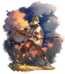  1boy belt_pouch boots border bow_(weapon) brown_pants cape drawing_bow fading_border faycal_(sword_of_convallaria) game_cg glint green_hair highres holding holding_bow_(weapon) holding_weapon male_focus non-web_source official_art outdoors pants pouch quiver serious sheath short_hair solo sword_of_convallaria transparent_border tunic weapon wind yellow_eyes 