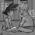  1:1 alien anthro champa clothed clothing cross-popping_vein domestic_cat dragon_ball dragon_ball_super duo english_text felid feline felis goku hi_res humanoid male male/male mammal monochrome saiyan sitting text topless trashtoonz vein 