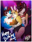  3:4 birthday birthday_cake bow_tie boxer_briefs bracelet briefs bunny_costume cake candle canid canine canis chuck_(p_rindustries) clothed clothing costume dantalos demon dessert domestic_cat felid feline felis food fur group hi_res hybrid jewelry male male/male mammal mrdarknesswolf mrdarknesswolf_(character) orange_body orange_fur partially_clothed playboy_outfit spiked_bracelet spikes straps trio underwear wolf 