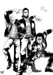  3boys beard belt black_hair closed_eyes contemporary deko_(pixiv13085538) facial_hair golden_kamuy grey_hair greyscale hands_in_pockets highres jacket kiroranke male_focus monochrome multiple_boys necktie pants scar scar_on_cheek scar_on_face scar_on_nose shiraishi_yoshitake shirt sideburns simple_background smile sugimoto_saichi watch white_shirt wristwatch 