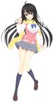  1girl :o absurdres ahoge black_hair blue_bow blue_bowtie bow bowtie breasts brown_shoes clenched_hands commentary_request company_connection cosplay floating_hair fringe_trim full_body grey_skirt hair_between_eyes hair_down hand_up highres hoshikawa_kaguya inaba_meguru inaba_meguru_(cosplay) jacket knees_together_feet_apart large_breasts letterman_jacket loafers long_hair looking_at_viewer miniskirt open_clothes open_jacket open_mouth partially_unbuttoned pink_jacket plaid_clothes plaid_skirt pleated_skirt red_eyes sanoba_witch scarf school_uniform sendai_eri shirt shoes simple_background skirt solo standing tenshi_souzou_re-boot! very_long_hair voice_actor_connection white_background white_shirt white_sleeves yellow_scarf yoru_yanase yuzu-soft 
