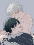  2boys black_hair clothes_pull collarbone commentary_request getou_suguru gojou_satoru highres jujutsu_kaisen licking licking_nipple multiple_boys nipple_stimulation nipples open_mouth pulling_another&#039;s_clothes sweat tongue tongue_out u_(r_k_g_k) white_hair yaoi 