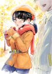  1boy 1girl absurdres belt black_hair breath brown_coat coat day denim food green_green_greens hat highres holding holding_food jacket long_hair mittens oga_nadeshiko orange_hat outdoors ponytail red_scarf roasted_sweet_potato scarf sweet_potato terasaka_kento white_jacket yaesaki_haku 
