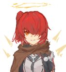  1girl arknights black_jacket chinese_commentary closed_mouth commentary_request detached_wings energy_wings exusiai_(arknights) exusiai_the_new_covenant_(arknights) hair_over_eyes halo jacket looking_at_viewer lowres official_alternate_costume one_side_up orange_eyes red_hair smile solo traditional_halo upper_body user_msnr8235 white_background wings yellow_halo 