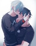  2boys arms_around_waist black_shirt blue_eyes closed_eyes closed_mouth collarbone commentary crelica crew_neck crossed_bangs dog_tags fingernails hand_on_another&#039;s_face hashtag-only_commentary highres layered_sleeves lighter_(zenless_zone_zero) long_sleeves male_focus multiple_boys pants parted_bangs parted_lips print_shirt scar scar_on_neck shirt short_over_long_sleeves short_sleeves smile torn_clothes torn_shirt twitter_username white_background wise_(zenless_zone_zero) yaoi zenless_zone_zero 