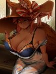  1girl animal_ears bikini bikini_under_clothes blue_bikini bow breasts cleavage closed_mouth commentary cowboy_shot ears_through_headwear elakan english_commentary fate/grand_order fate_(series) fingernails fox_ears fox_girl fox_tail hat hat_bow highres large_breasts looking_at_viewer pink_hair red_bow shirt short_hair sitting smile solo strap_break straw_hat striped_bow sun_hat sweat swimsuit t-shirt tail tamamo_(fate) tamamo_no_mae_(swimsuit_lancer)_(fate) wet wet_clothes wet_shirt white_bow white_shirt yellow_eyes 