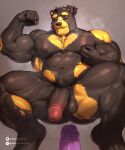 5:6 abs absurd_res anthro armpit_hair artist_name balls band-aid band-aid_on_face band-aid_on_nose bandage bandage_on_face bandage_on_nose barazoku bear big_balls big_muscles big_penis body_hair brown_balls brown_body brown_fur brown_hair brown_penis eyes_closed flexing flexing_bicep front_view fur genitals glans hair half-erect hi_res humanoid_genitalia humanoid_penis imminent_anal johnthelewd_art male male_anthro mammal markings mouth_closed multicolored_hair muscular muscular_anthro muscular_male navel nipple_fetish nipple_pinch nipple_play nude patreon patreon_logo pecs penis pinch red_glans simple_background solo spread_legs spreading text two_tone_hair white_hair x_logo yellow_markings