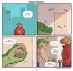 anthro brown_body capybara caviid clothing comic crocodile crocodilian delivery_(commerce) delivery_employee dialogue door_handle doorknob duo english_text four_frame_image green_body hi_res holding_bag inside jacket looking_at_door male mammal multiple_scenes opening_door outside page_number patreon reptile rodent scalie sound_effects surprised sweater tang_(wolfanine) text tooth_(wolfanine) topwear url wolfanine