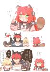  1girl 2girls :d ? alice_thymefield animal_ears black_choker black_hair black_sailor_collar blush bow bowtie choker collared_shirt commentary_request cropped_torso double-parted_bangs fang green_eyes hand_up heart heterochromia highres kama_(zenless_zone_zero) komano_manato long_hair multicolored_hair multiple_girls open_mouth parted_lips pink_sweater pointing raccoon_ears raccoon_girl raccoon_tail rebecca_(keinelove) red_eyes red_hair sailor_collar scar scar_on_face shirt short_hair simple_background smile sweater tail translation_request two-tone_hair ukinami_yuzuha white_background white_bow white_bowtie white_shirt yellow_eyes zenless_zone_zero 