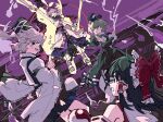  4girls :d absurdres aibivy architecture armpits aura belt black_belt black_collar black_eyes black_hair black_hat blonde_hair blue_eyes blue_skirt bow bow_(weapon) clenched_teeth collar commentary_request crossed_arms detached_sleeves double_finger_gun dress earmuffs east_asian_architecture finger_gun green_dress green_eyes green_hair grey_hair hair_bow hair_ears hair_tubes hakurei_reimu hand_up hat highres holding holding_bow_(weapon) holding_weapon juliet_sleeves lightning long_hair long_sleeves medium_hair mononobe_no_futo multiple_girls ofuda ofuda_on_clothes open_mouth orb ponytail puffy_sleeves purple_background purple_skirt red_bow red_shirt ritual_baton robe shirt short_hair skirt sleeveless sleeveless_shirt smile soga_no_tojiko sword tate_eboshi teeth touhou tower toyosatomimi_no_miko weapon white_collar white_robe yellow_eyes yellow_shirt yellow_skirt yin_yang yin_yang_orb 