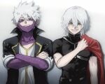  2boys ametaro_(ixxxzu) bags_under_eyes belt black_belt black_bodysuit blue_eyes bodysuit boku_no_hero_academia burn_scar cape cape_grab clothes_grab collarbone collared_jacket commentary_request crossed_arms dabi_(boku_no_hero_academia) double-parted_bangs ear_piercing face_piercing grin hair_between_eyes hand_up highres jacket lapels long_bangs looking_at_viewer male_focus medium_hair messy_hair mole mole_under_mouth multiple_boys multiple_piercings open_clothes open_jacket piercing red_cape red_eyes scar scar_across_eye scar_on_arm scar_on_cheek scar_on_face scar_on_mouth scar_on_neck shigaraki_tomura shirt short_hair short_sleeves side-by-side side_cape sidelocks smile spiked_hair straight-on teeth upper_body white_background white_hair white_shirt wrinkled_skin 