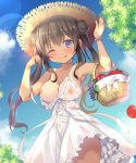  areolae armpits black_hair blush breasts cleavage cloud double_bun dress eyebrows_visible_through_hair fruit_basket hat holding holding_clothes holding_hat large_breasts looking_at_viewer mori_airi nipples one_breast_out one_eye_closed original outdoors purple_eyes see-through sky sun_hat tan tree twintails white_dress 