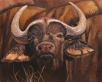  5:4 ambiguous_gender bovid bovine brown_body brown_fur cape_buffalo fur grass horn looking_at_viewer mammal oil_painting_(artwork) painting_(artwork) solo_focus traditional_media_(artwork) yuezeng-mn 