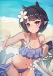  1girl ass_visible_through_thighs beach bikini black_hair blue_eyes blunt_bangs blush book breasts collarbone elun_(elun_00) flower frilled_bikini frills hair_flower hair_ornament highres holding holding_book hololive hololive_english holonatsu_paradise leaning_forward looking_at_viewer mole mole_under_eye navel ninomae_ina&#039;nis ninomae_ina&#039;nis_(holonatsu_paradise) o-ring official_alternate_costume official_alternate_hairstyle outdoors pointy_ears purple_bikini purple_hair short_hair small_breasts solo swimsuit tentacle_hair virtual_youtuber white_flower 