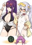  3girls absurdres adjusting_eyewear aura_(sousou_no_frieren) aura_bullying_(meme) black_one-piece_swimsuit braid breasts cosplay covered_navel demon_horns disembodied_head earrings eyewear_on_head fern_(sousou_no_frieren) food frieren fruit gold_earrings green_eyes highleg highleg_one-piece_swimsuit highres hood hoodie hoop_earrings horns jewelry large_breasts meme multiple_braids multiple_girls nagisa_(blue_archive) nagisa_(blue_archive)_(cosplay) nagisa_(swimsuit)_(blue_archive) one-piece_swimsuit pointy_ears ponytail purple_eyes sand seia_(blue_archive) seia_(blue_archive)_(cosplay) seia_(swimsuit)_(blue_archive) small_breasts sousou_no_frieren sunglasses swimsuit tanezaki_atsumi tenten_(chan4545) visor_cap voice_actor_connection watermelon yellow_hoodie 