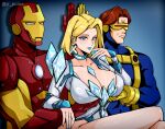  1girl 2boys armor blonde_hair blue_background blue_bodysuit blue_lips blue_nails bodysuit breasts brown_hair choker collarbone cyclops_(x-men) earrings emma_frost gloves goggles highres iron_man jewelry jrpulse large_breasts leotard marvel marvel_rivals meme multiple_boys power_suit red-tinted_eyewear servants_holding_aphrodite&#039;s_breasts_(meme) short_hair superhero_costume thighs tinted_eyewear white_leotard x-men yellow_gloves 