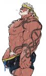  1boy abs arm_hair arm_tattoo bandana bara bare_pectorals beard biceps black_male_swimwear black_swim_trunks bulge chest_hair chest_tattoo collarbone english_commentary facial_hair flaccid gamubear highres leg_hair leg_tattoo looking_at_viewer looking_to_the_side male_focus male_swimwear marvel marvel_rivals navel pectorals penis penis_peek profile pubic_hair sunglasses tattoo thor_(marvel) thor_(marvel)_(series) thor_(worthy_waves)_(marvel) topless_male white_background yellow_bandana 