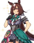  alternate_color animal_ears asymmetrical_gloves black_gloves bow bowtie breasts brown_hair corset cowboy_shot gloves grey_shorts hair_between_eyes highres horse_ears long_hair medium_breasts mismatched_gloves open_mouth overskirt red_eyes short_sleeves shorts simple_background sirius_symboli_(umamusume) smile sparkle standing toji_(y2toj2) trailblazer_bash!_(umamusume) twitter_username umamusume white_background white_gloves 