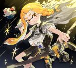  agent_3_(splatoon_3) asymmetrical_hair bike_shorts black_background black_shorts blonde_hair braid cape closed_mouth cowboy_shot eyebrow_cut falling gam_(99jellys) gradient_background grey_cape hand_up holding holding_unworn_cape holding_unworn_clothes holding_weapon ink_tank_(splatoon) inkling light_smile long_hair looking_at_viewer midair midriff_peek navel orange_eyes outstretched_arm pointy_ears print_shirt shirt short_sleeves shorts smallfry_(splatoon) solo splatoon_(series) splatoon_3 torn_cape torn_clothes torn_shirt tri-stringer_(splatoon) unworn_cape weapon white_shirt 
