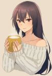  1girl black_hair brown_background brown_eyes closed_mouth collarbone cup eyebrows_visible_through_hair hair_between_eyes holding holding_cup kantai_collection kasumi_(skchkko) long_hair long_sleeves nagato_(kantai_collection) off-shoulder_sweater off_shoulder ribbed_sweater simple_background smile solo sweater white_sweater 