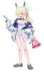  1girl absurdres aged_down animal_ear_fluff animal_ears armband blonde_hair blue_archive blue_eyes blue_halo breasts covered_navel dog_ears extra_ears hair_over_one_eye halo highres kanna_(blue_archive) kanna_(swimsuit)_(blue_archive) long_hair notched_ear official_alternate_costume one-piece_swimsuit ponytail purple_armband sandals school_swimsuit sharp_teeth shuvi_(shuvi1125) small_breasts solo sports_sandals swimsuit teeth whistle whistle_around_neck white_one-piece_swimsuit 