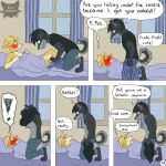 1:1 anthro artist_logo barefoot bed black_clothing black_hair black_shirt black_topwear blonde_hair blue_bottomwear blue_clothing blue_pants blush border_collie bottomwear canid canine canis cheek_blush clothing collie comic dialogue domestic_dog duo english_text exclamation_point eye_contact feet five_frame_image full-face_blush fur furniture grey_body grey_fur hair herding_dog hi_res husky hybrid jeremy_(kriek_wildebeest) kneeling kriek_wildebeest logo looking_at_another lying lying_on_bed male male/male mammal nordic_sled_dog on_back on_bed pants pastoral_dog profanity removing_pants removing_shirt sheepdog shirt smile speech_bubble spitz tail text tom_(kriek_wildebeest) topwear under_covers undressing undressing_another window wolf yellow_body yellow_fur