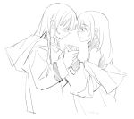  2girls aoki_hina bang_dream! bang_dream!_it&#039;s_mygo!!!!! blush closed_mouth greyscale holding_hands hood hood_down hooded_jacket jacket jhon_trick kaname_raana long_hair monochrome multiple_girls off_shoulder open_mouth protected_link shirt sidelocks simple_background sleeveless sleeveless_shirt takamatsu_tomori upper_body voice_actor voice_actor_connection white_background youmiya_hina yuri 