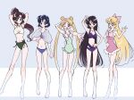  5girls aino_minako alternate_costume armpits bikini bishoujo_senshi_sailor_moon black_hair blonde_hair blue_eyes blue_hair bow breasts double_bun frilled_one-piece_swimsuit frills hair_bow hair_bun highres hino_rei in_water kino_makoto long_hair midriff mizuno_ami multiple_girls navel one-piece_swimsuit ponytail pool red_bow short_hair small_breasts swimsuit tsukino_usagi twintails very_long_hair yyemoyy 