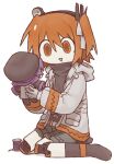  1girl a.i._voice adachi_rei android black_socks character_doll commentary doll full_body grey_shorts headlamp holding holding_doll hood hood_down hooded_jacket jacket joints long_sleeves medium_hair meltypen no_shoes one_side_up open_clothes open_jacket open_mouth orange_eyes orange_hair robot_joints shorts sitting smile socks thread utane_uta utau wariza white_background white_jacket 