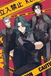  3boys absurdres artist_name belt black_belt black_gloves black_hair black_pants black_shirt blue_eyes blue_hair breast_pocket buttons caution_tape closed_mouth collared_shirt cowboy_shot fate/grand_order fate_(series) formal_clothes fur-trimmed_jacket fur_trim gloves grey_eyes grey_hair grey_jacket grey_pants grey_vest hair_over_one_eye hand_on_own_hip hand_up hands_in_pockets highres hijikata_toshizou_(chaldea_detectives)_(fate) hijikata_toshizou_(fate) jacket lapels long_sleeves looking_at_viewer ma_koneko male_focus multiple_boys nagakura_shinpachi_(chaldea_detectives)_(fate) nagakura_shinpachi_(fate) necktie official_alternate_costume open_clothes open_jacket pants pocket purple_background purple_necktie red_eyes red_necktie saitou_hajime_(chaldea_detectives)_(fate) saitou_hajime_(fate) saitou_hajime_(third_ascension)_(fate) scar scar_on_face shirt short_hair simple_background sitting smile standing striped_clothes striped_jacket striped_pants suit suit_jacket v-shaped_eyebrows vest wavy_hair 