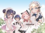  4girls absurdres animal_ears apron black_bow black_bowtie black_dress blonde_hair blowing_kiss blue_bow blue_bowtie blue_eyes blue_streaks blush bow bowtie cat_ears closed_mouth commentary cup double_bun dress eyes_visible_through_hair frilled_apron frilled_dress frilled_thigh_strap frills gloves hair_between_eyes hair_bun hand_up highres holding holding_tray long_hair looking_at_viewer maid maid_headdress multicolored_hair multiple_girls one_eye_closed open_mouth original pink_bow pink_bowtie pink_dress pink_hair purple_eyes red_bow red_bowtie red_eyes rougetsu saucer short_hair short_sleeves sidelocks smile streaked_hair symbol-only_commentary thigh_strap tray twitter_username white_apron white_gloves wrist_cuffs yellow_eyes 