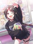  1girl arcade_cabinet arm_up artist_request black_collar black_hair black_jacket black_shirt black_skirt breasts collar crane_game dutch_angle fang food hair_ornament hugging_object indoors jacket kazamatsuri_asahi large_breasts laugh_diamond metal_collar miniskirt multicolored_hair multicolored_jacket official_art one_eye_closed open_mouth pleated_skirt print_shirt red_eyes red_hair red_trim shine_post shirt skirt smile solo sweets thigh_strap v 
