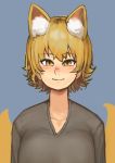  1girl absurdres animal_ear_fluff animal_ears blonde_hair blush chanta_(ayatakaoisii) fox_ears fox_tail grey_background grey_sweater highres looking_at_viewer nose_blush parted_lips short_hair simple_background slit_pupils smile solo sweater tail touhou upper_body v-neck yakumo_ran yellow_eyes 